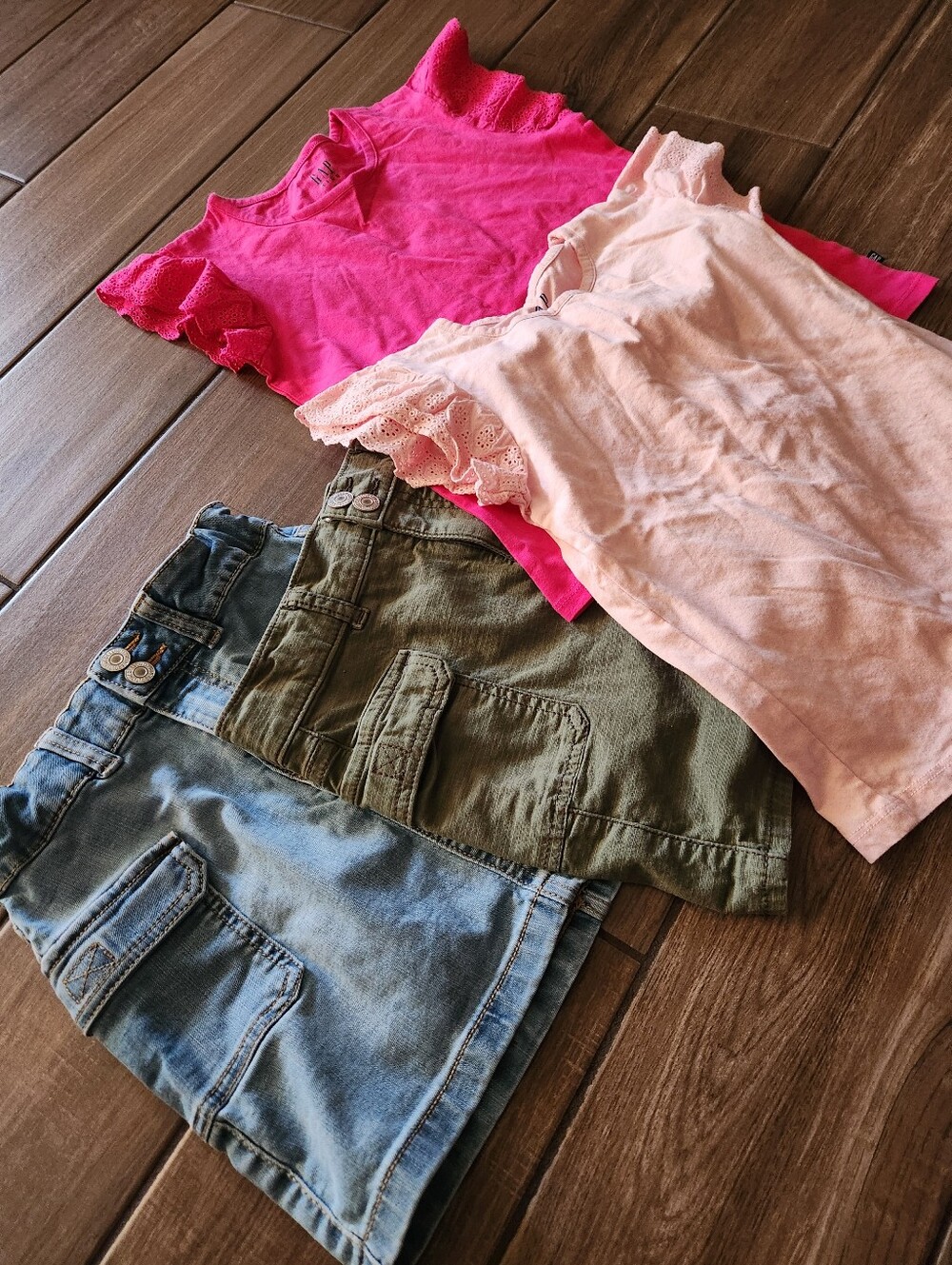 2 Girls' Pink & Light Pink Layered Tank Tops with 2 Denim Skirt